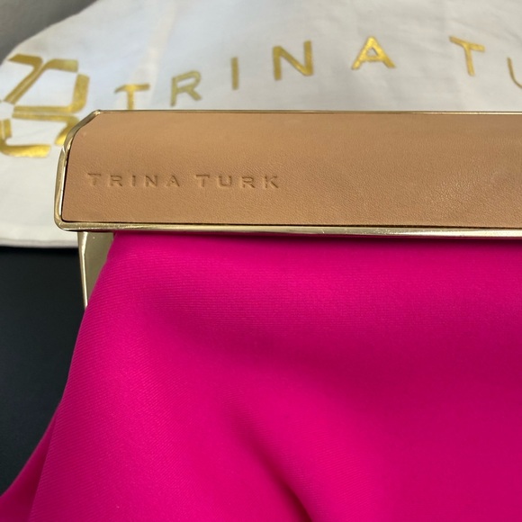 Trina Turk Fuchsia Satin Clutch with Tan & Gold Trim & Dust Bag - Picture 3 of 9